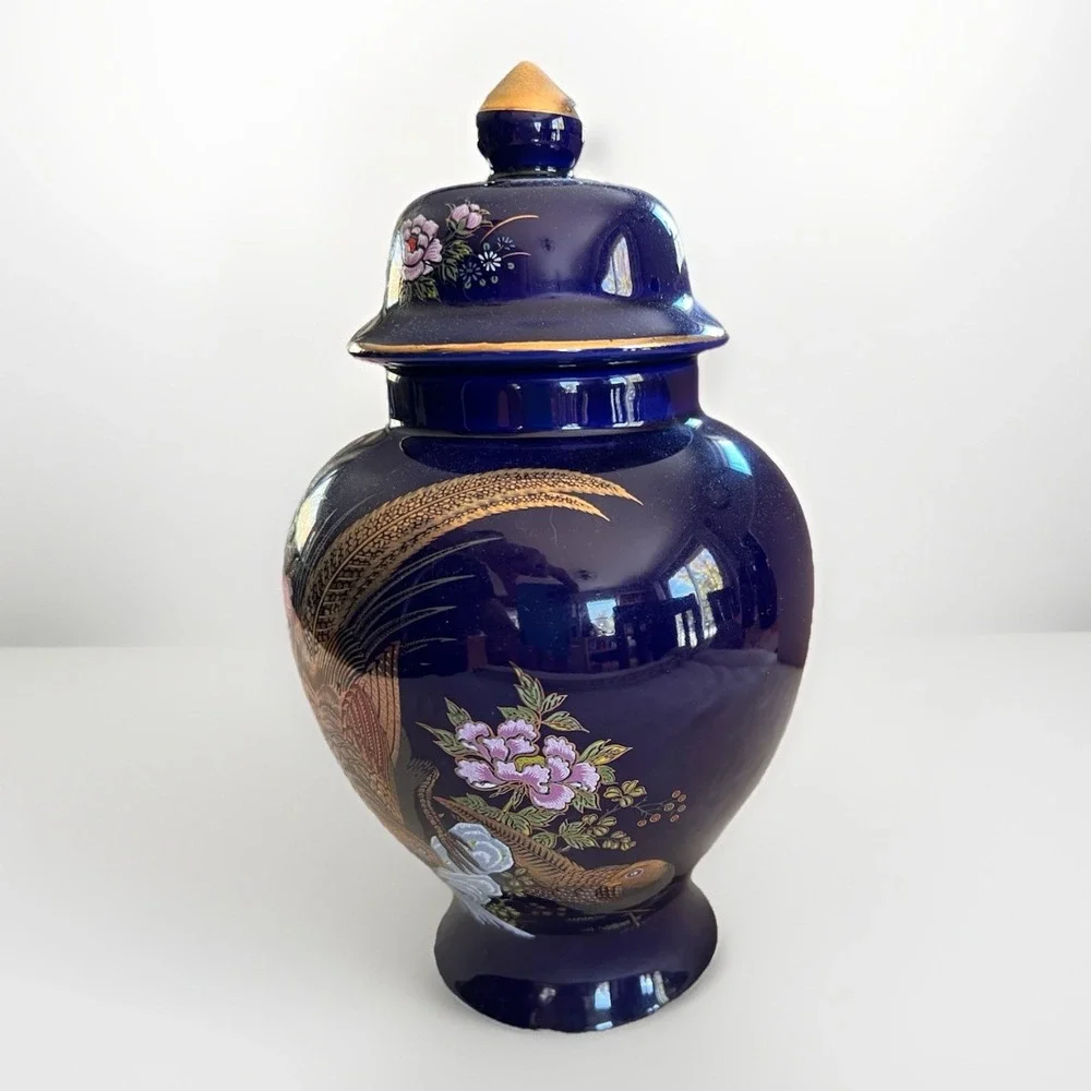 Vintage‎ Cobalt Blue Urn Bird and Floral Pattern Gold Japan